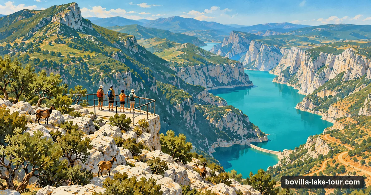 Illustration: hikers on the viewpoint above Bovilla Lake, the turquoise reservoir between limestone cliffs below