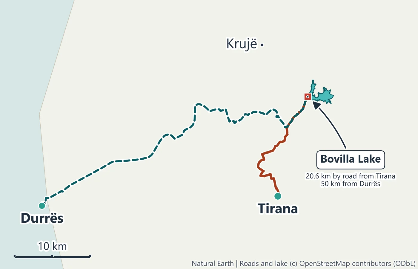 Map of the road from Tirana and from Durrës to the Bovilla Lake dam north-east of Tirana, with Krujë to the north-west