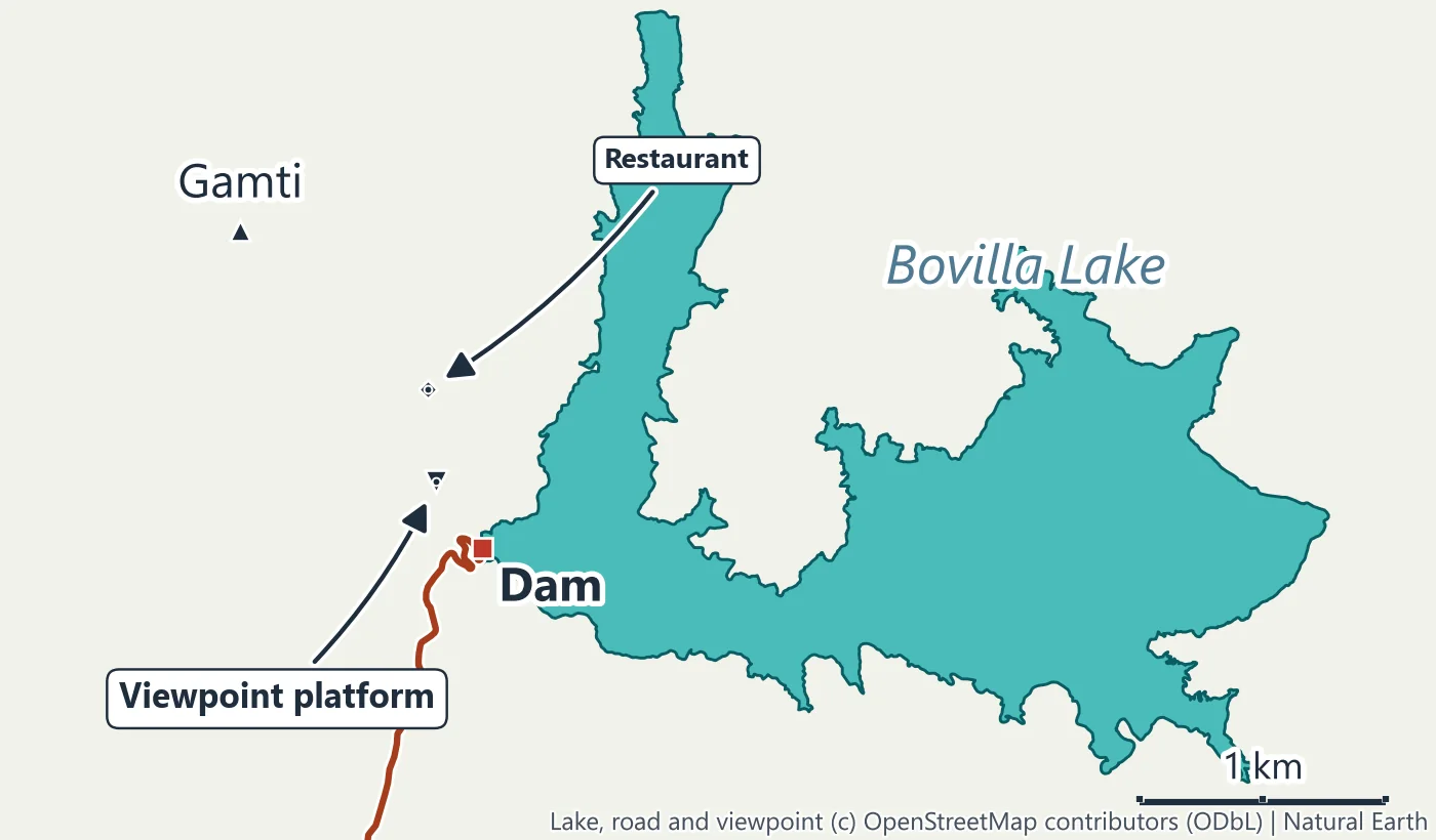 Map of the Bovilla Lake dam, the viewpoint platform and the restaurant on the west side of the reservoir, with Gamti to the north-west