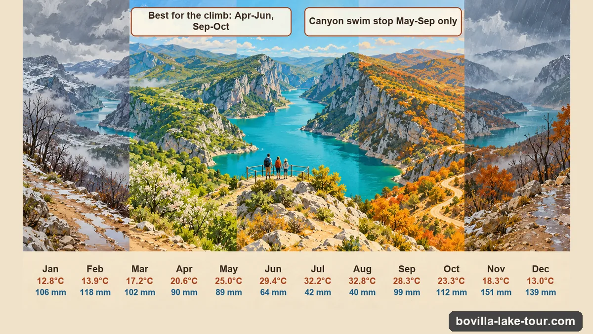 Infographic: Tirana weather by month, average highs from 12.8 C in January to 32.8 C in August and rainfall from 40 mm in August to 151 mm in November