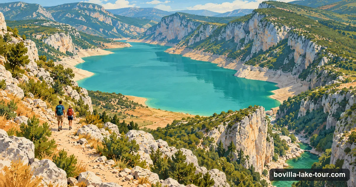 Illustration: the empty turquoise Bovilla reservoir seen from the cliff path, with a river canyon pool below