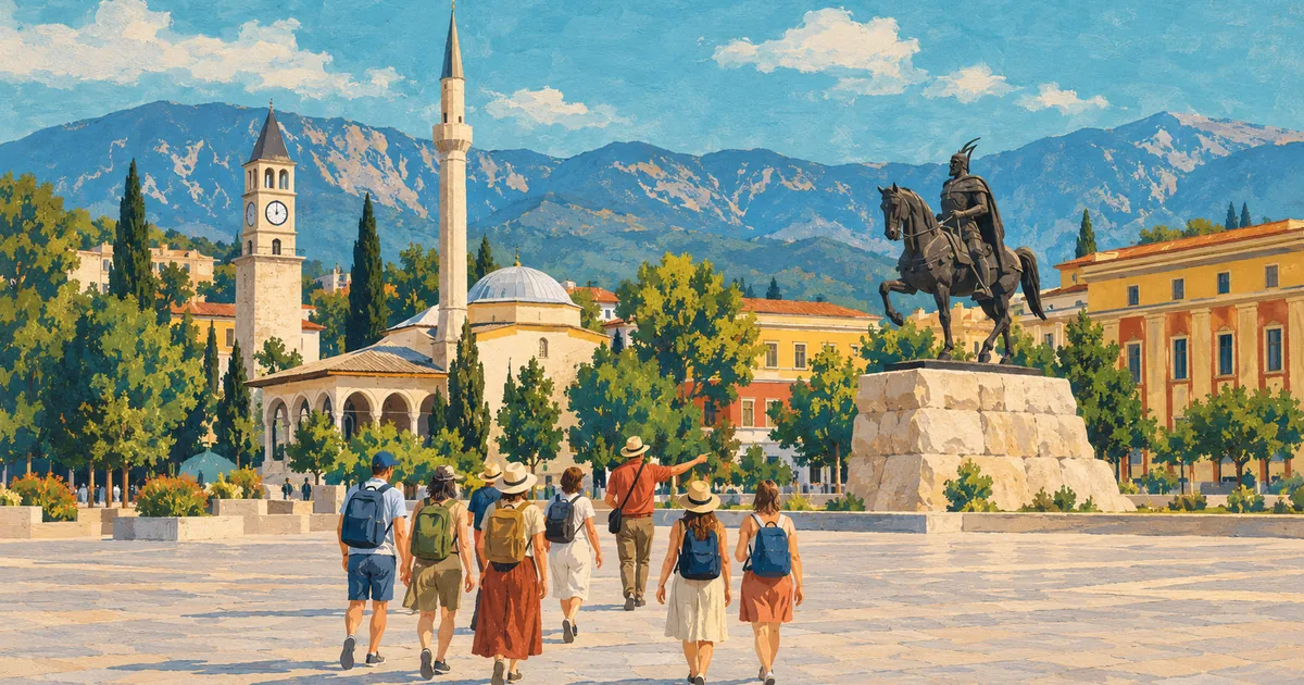 Small group on a free walking tour of Skanderbeg Square, Tirana