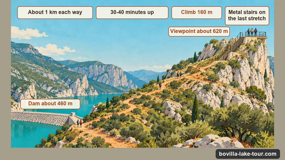Infographic: the Bovilla viewpoint hike, about 1 km from the dam at 460 m to the viewpoint at 620 m, 160 m of climbing, 30 to 40 minutes up, metal stairs on the last stretch