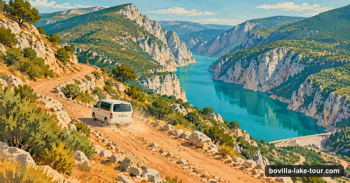 Illustration: a white minivan on a dusty switchback track above the turquoise Bovilla reservoir
