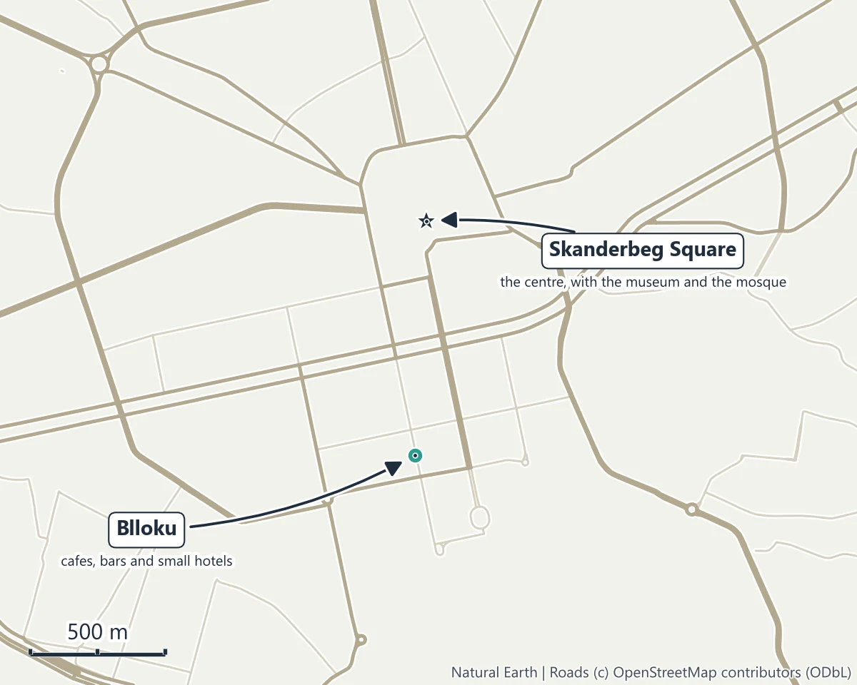 Map of central Tirana showing Blloku and Skanderbeg Square, under a kilometre apart, with the main roads between them