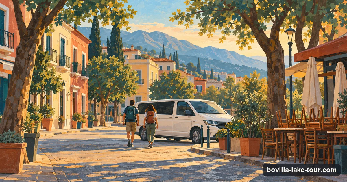 Illustration: a tree-lined Tirana street with cafe terraces, a minivan waiting at the corner in the early morning